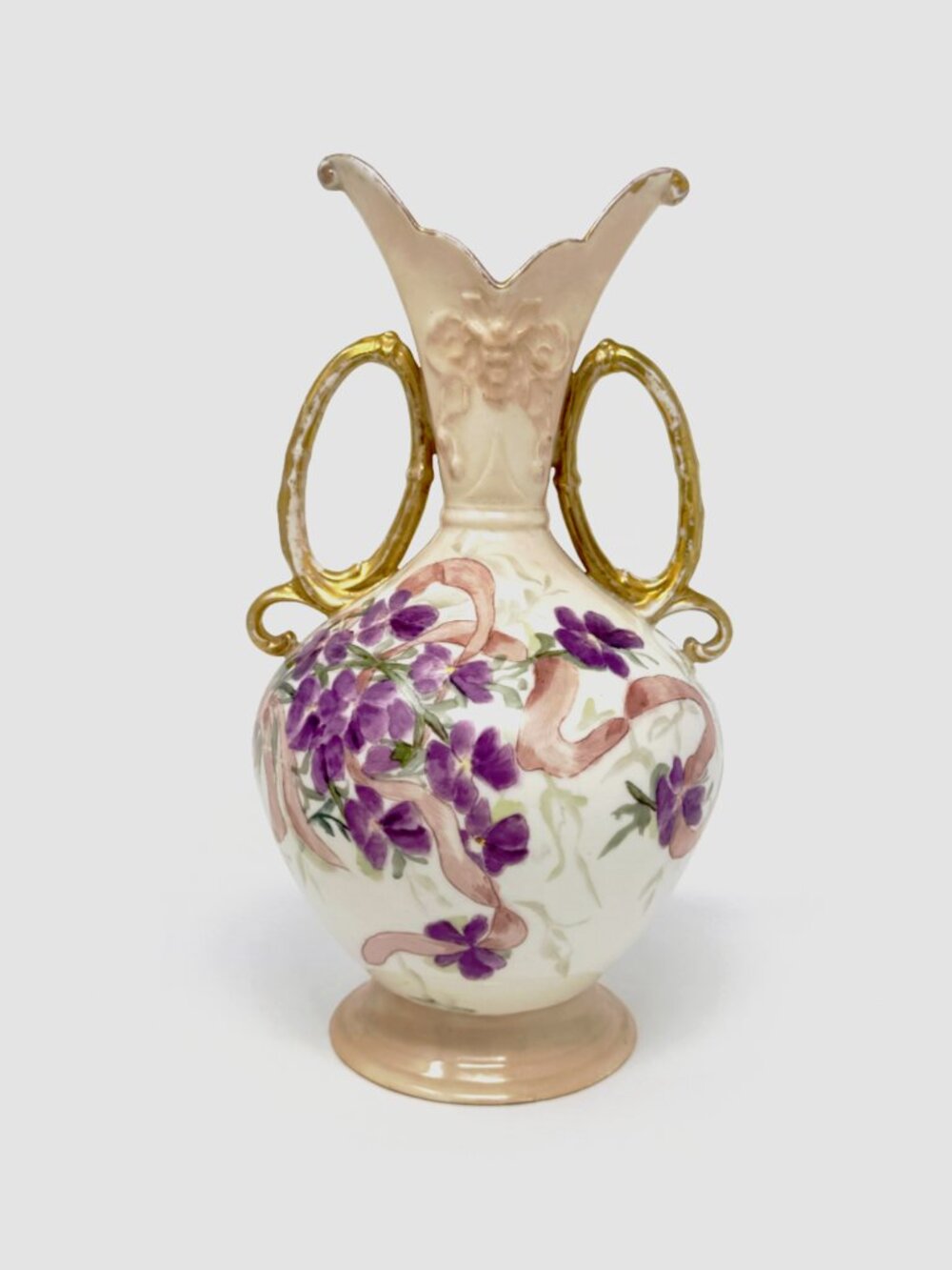 Hand-Painted Floral Porcelain Vase with Gold Handles, 10 Inch